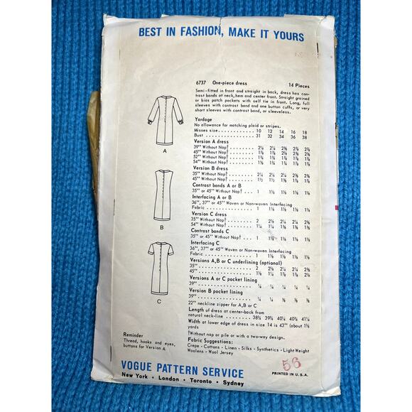 Vogue Pattern 6737 dress fitted mod 1960s size 12 bust 32 - Picture 4 of 8